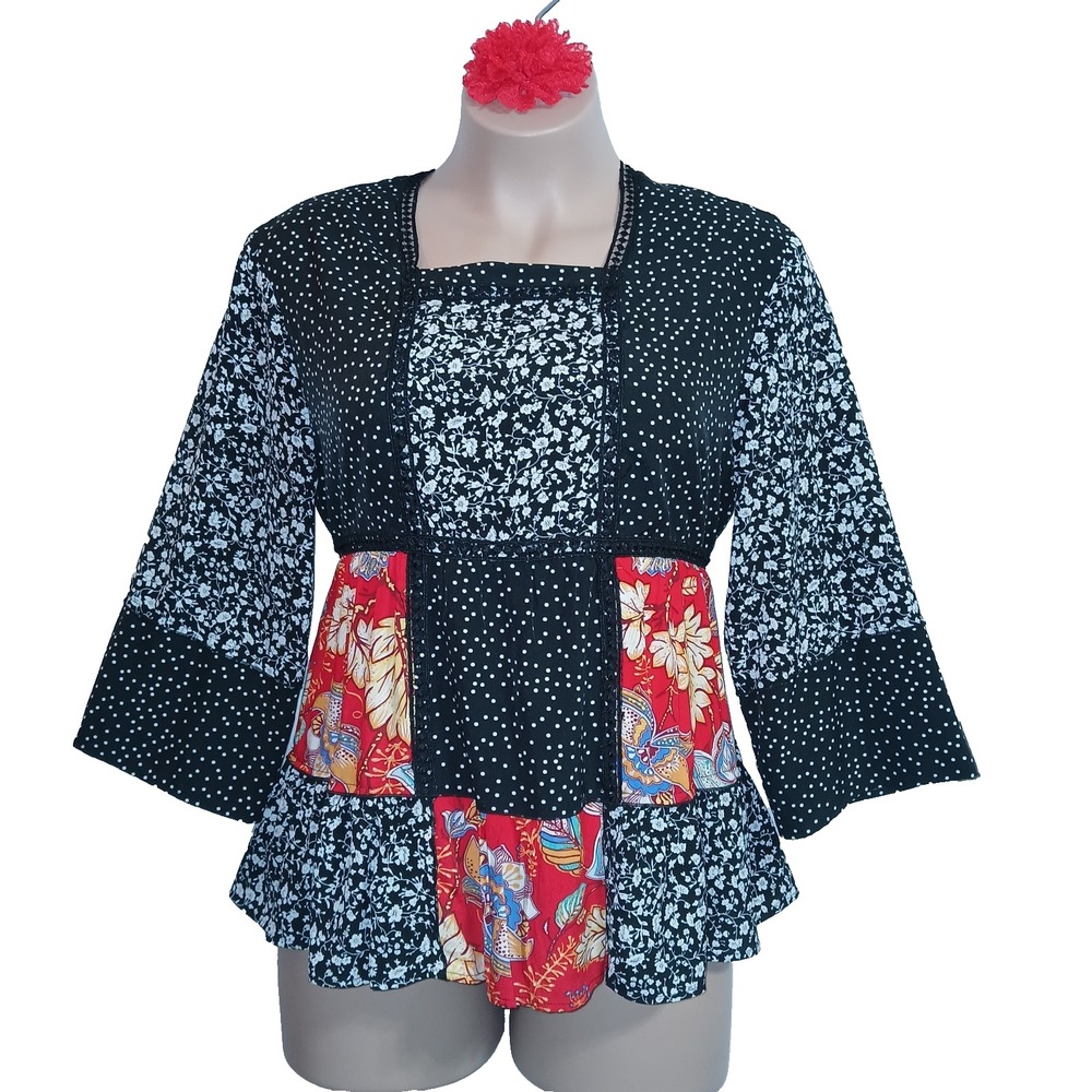 Calessa Patchwork Women Top L Black Red Polka Dot Floral Crochet Bohemian Artsy